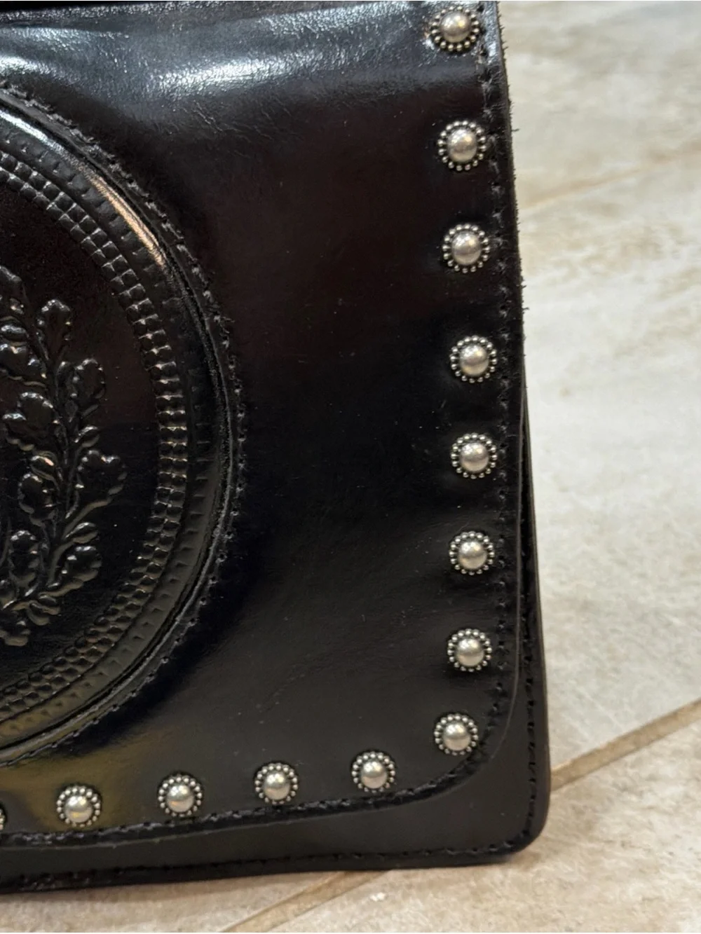 Patricia Nash Embossed Shield Leather Shoulder Bag Medium Black
